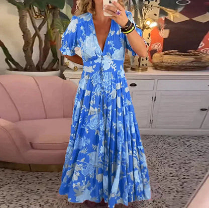 Loszittende lange jurk met V-hals en bloemenprint