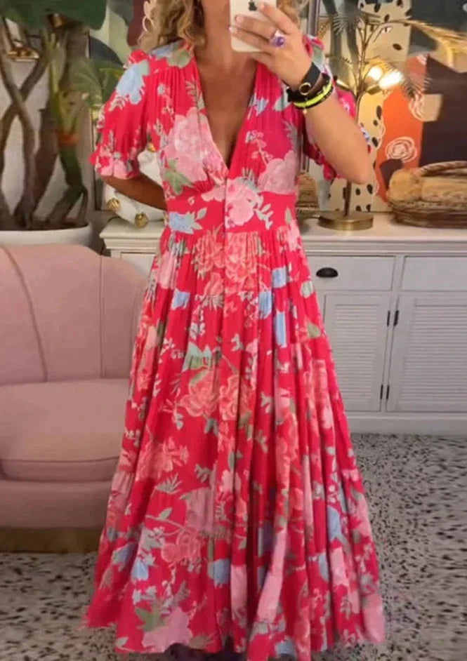 Loszittende lange jurk met V-hals en bloemenprint