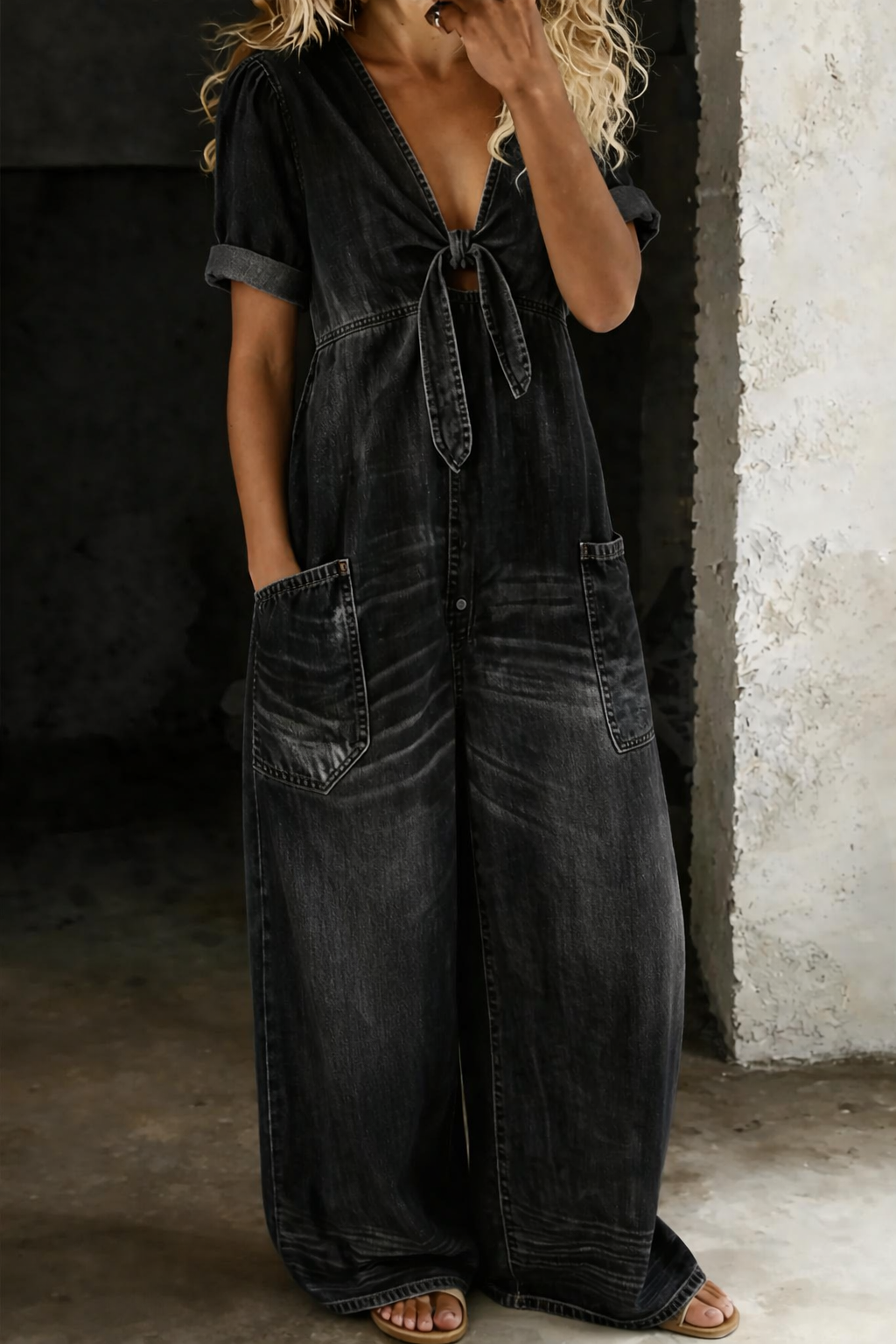 Maya | Jumpsuit met V-hals en korte mouwen