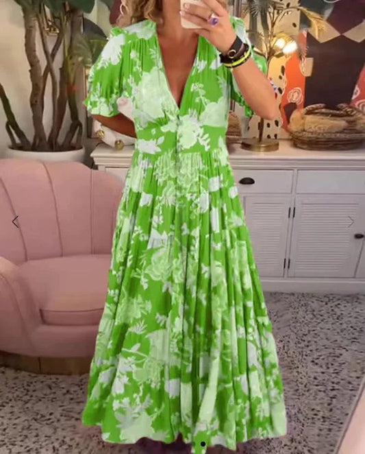 Loszittende lange jurk met V-hals en bloemenprint