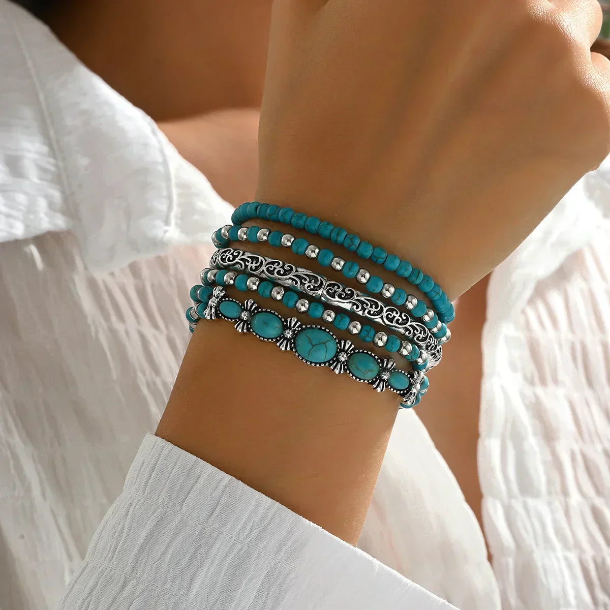Boho armbandenset met turquoise kralen