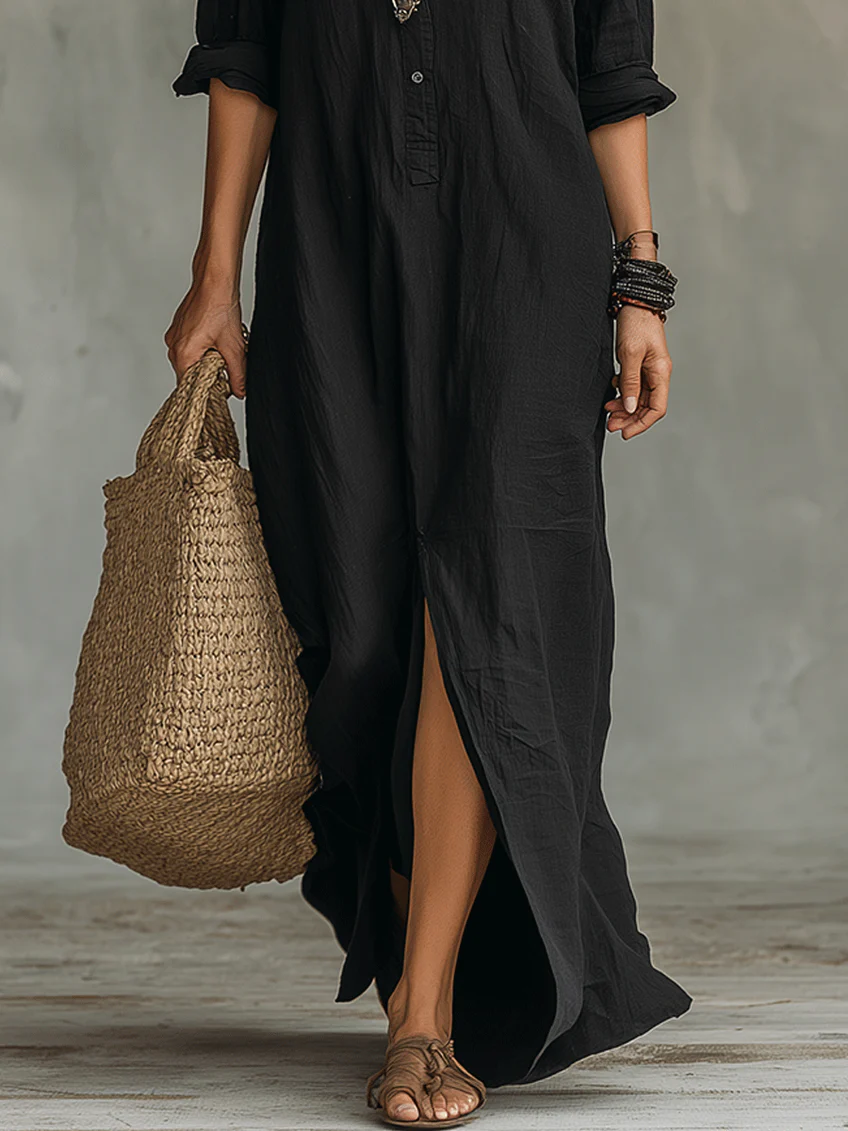Soline™ | Zwarte maxi-jurk met knopen