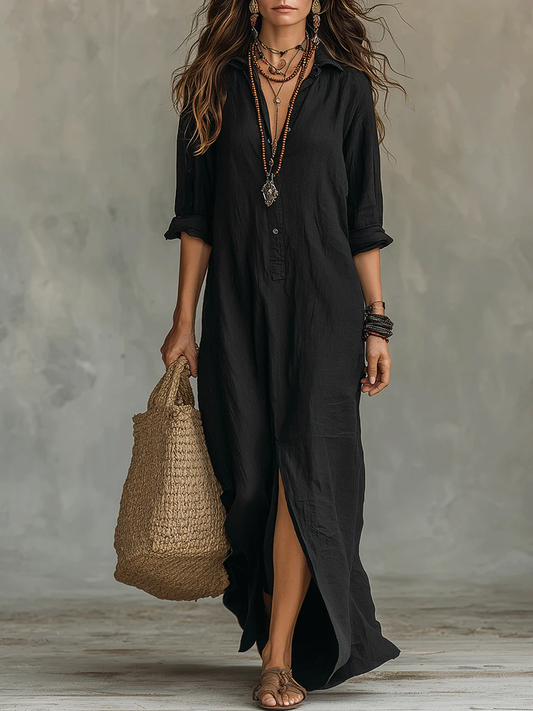 Soline™ | Zwarte maxi-jurk met knopen