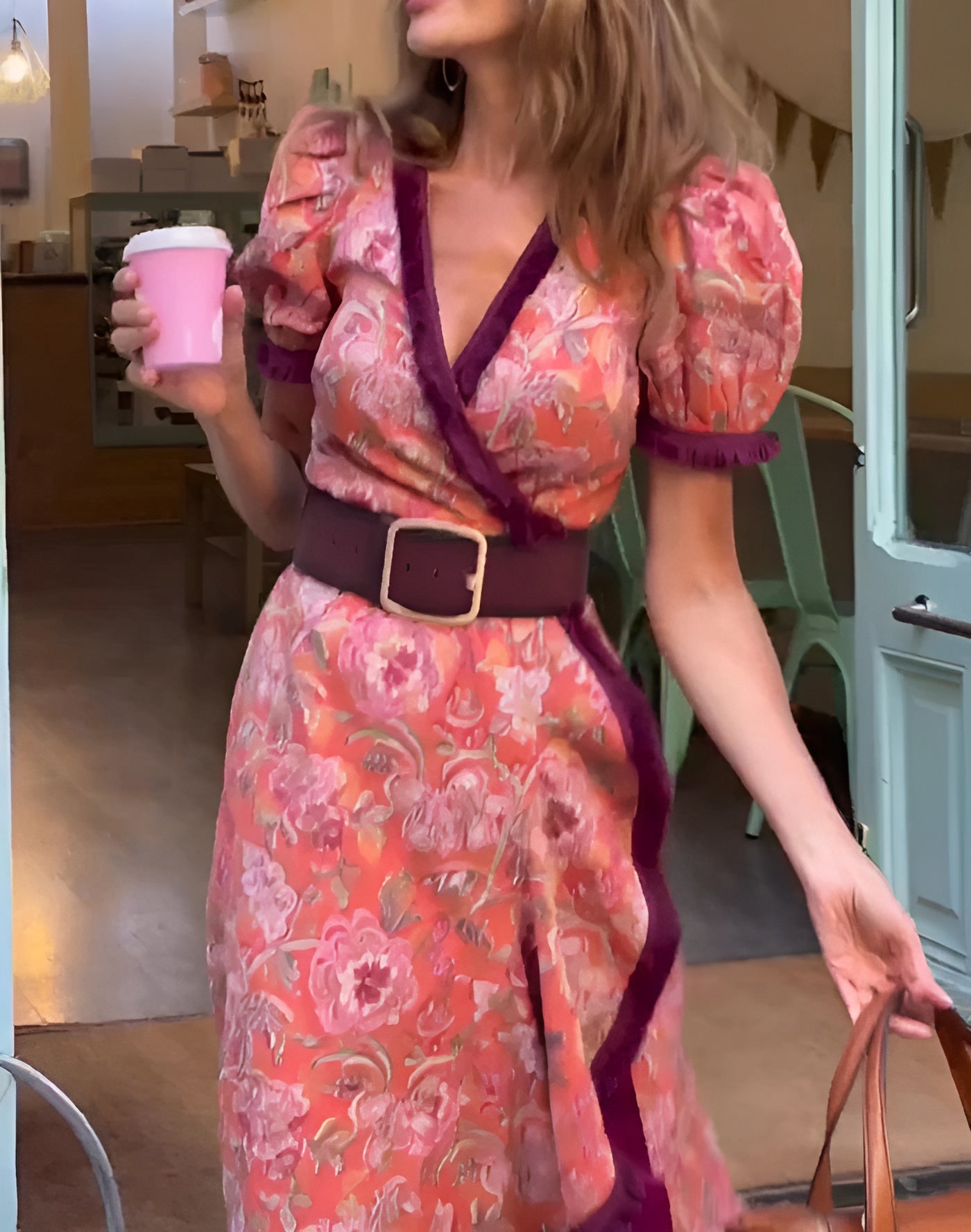 Elegante roze maxi-jurk met korte mouwen